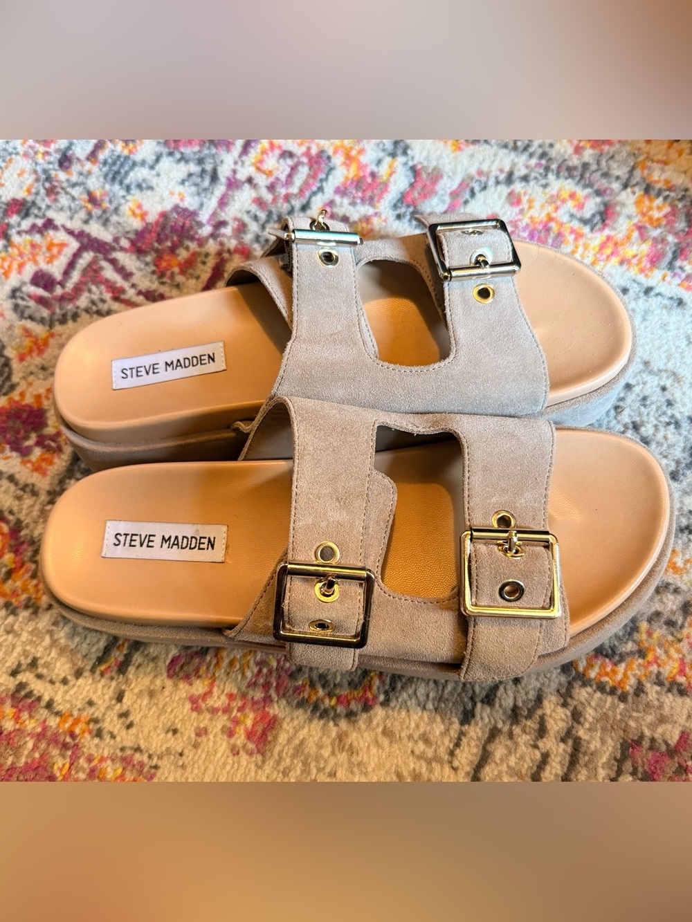 Steve Madden Taupe Suede Buckle Slide Sandals with Gold Hardware